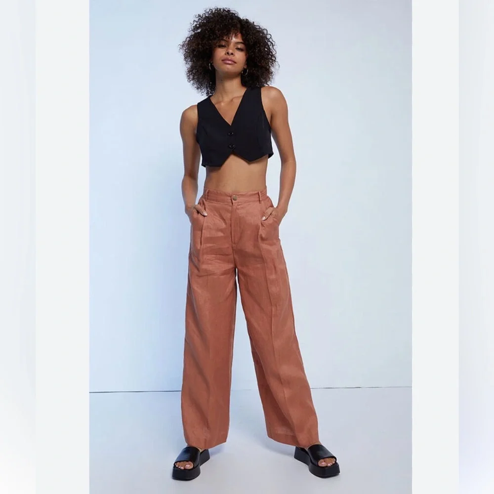MinkPink 100% Linen Dylan Wide Leg Pants Pink High Ankle Crop Pleated 32 Waist